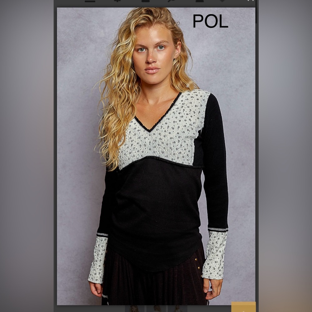 BP219-1🤍🖤NEW! POL pretty black top w/cream sleeve detail+cream back accent! - Picture 1 of 7